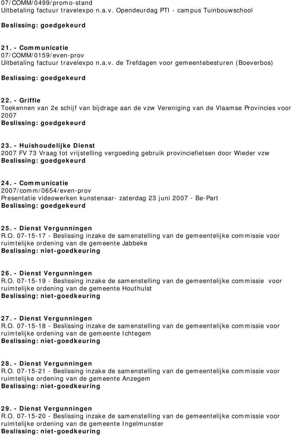 - Huishoudelijke Dienst 2007 FV 73 Vraag tot vrijstelling vergoeding gebruik provinciefietsen door Wieder vzw 24.