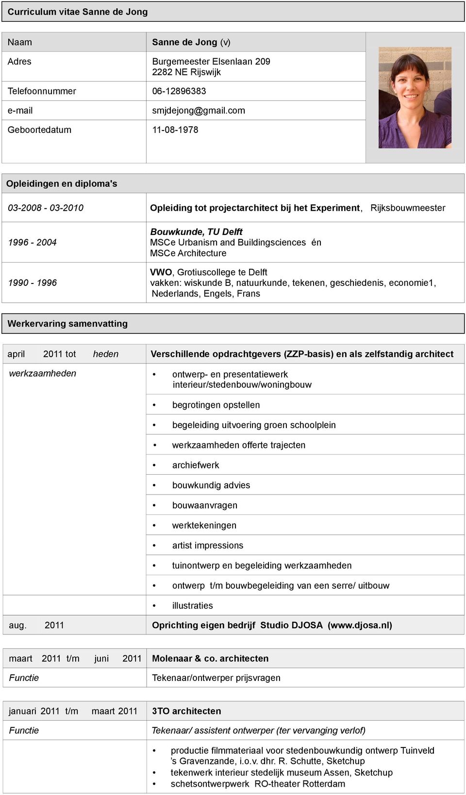 Buildingsciences én MSCe Architecture VWO, Grotiuscollege te Delft vakken: wiskunde B, natuurkunde, tekenen, geschiedenis, economie1, Nederlands, Engels, Frans Werkervaring samenvatting april 2011