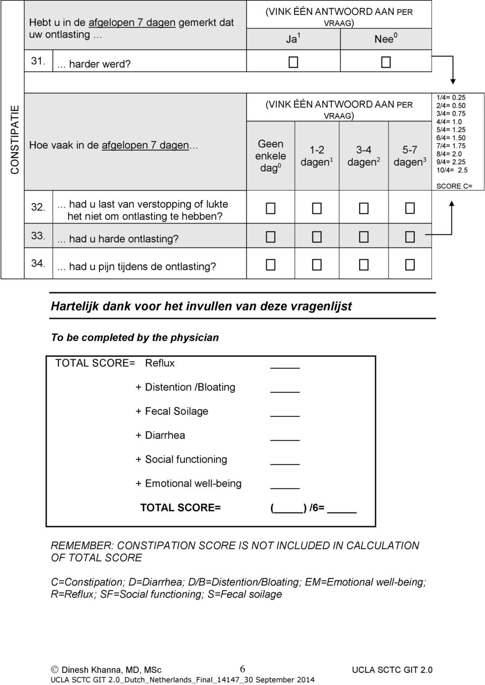 Hartelijk dank voor het invullen van deze vragenlijst To be completed by the physician TOTAL SCORE= Reflux + Distention /Bloating + Fecal Soilage + Diarrhea + Social functioning + Emotional