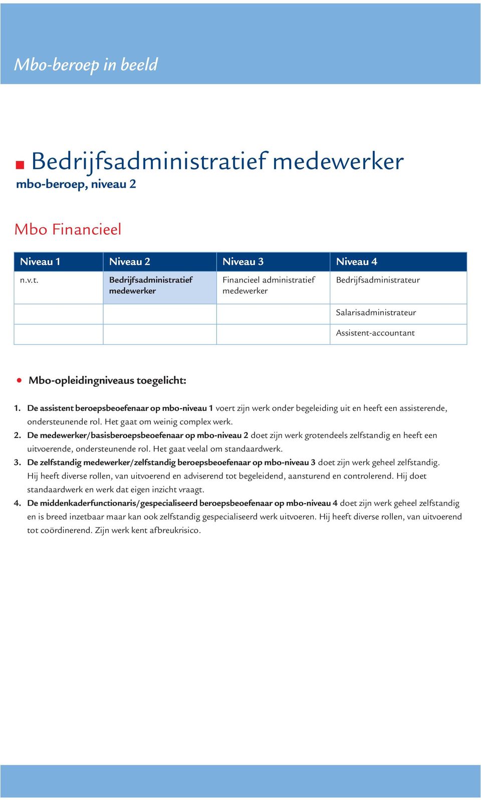 De assistent beroepsbeoefenaar op mbo-niveau 1 voert zijn werk onder begeleiding uit en heeft een assisterende, ondersteunende rol. Het gaat om weinig complex werk. 2.