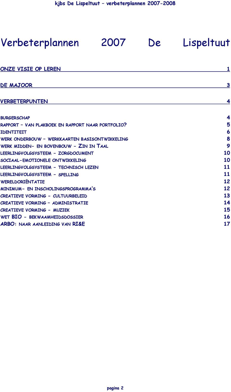 5 IDENTITEIT 6 WERK ONDERBOUW WERKKAARTEN BASISONTWIKKELING 8 WERK MIDDEN- EN BOVENBOUW - ZIN IN TAAL 9 LEERLINGVOLGSYSTEEM - ZORGDOCUMENT 10 SOCIAAL-EMOTIONELE