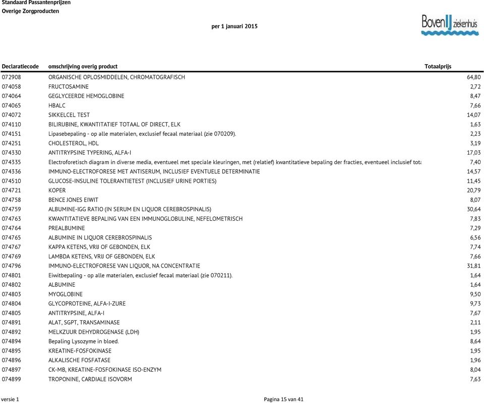 2,23 074251 CHOLESTEROL, HDL 3,19 074330 ANTITRYPSINE TYPERING, ALFA-I 17,03 074335 Electroforetisch diagram in diverse media, eventueel met speciale kleuringen, met (relatief) kwantitatieve bepaling