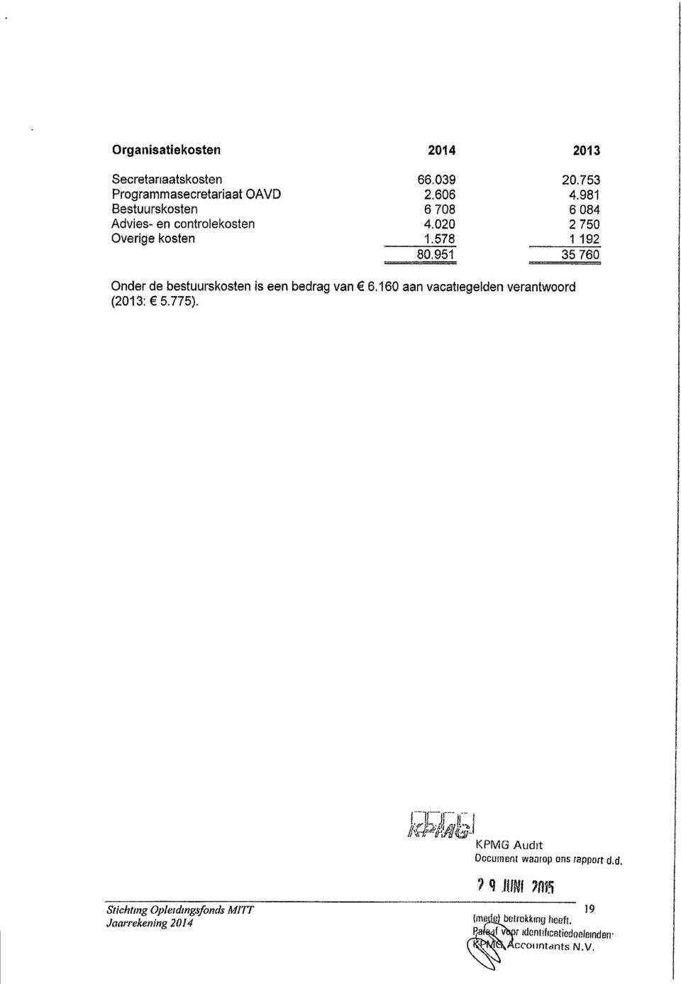 951 35 760 Onder de bestuurskosten is een bedrag van 6.160 aan vacatiegelden verantwoord (2013: 5.775).