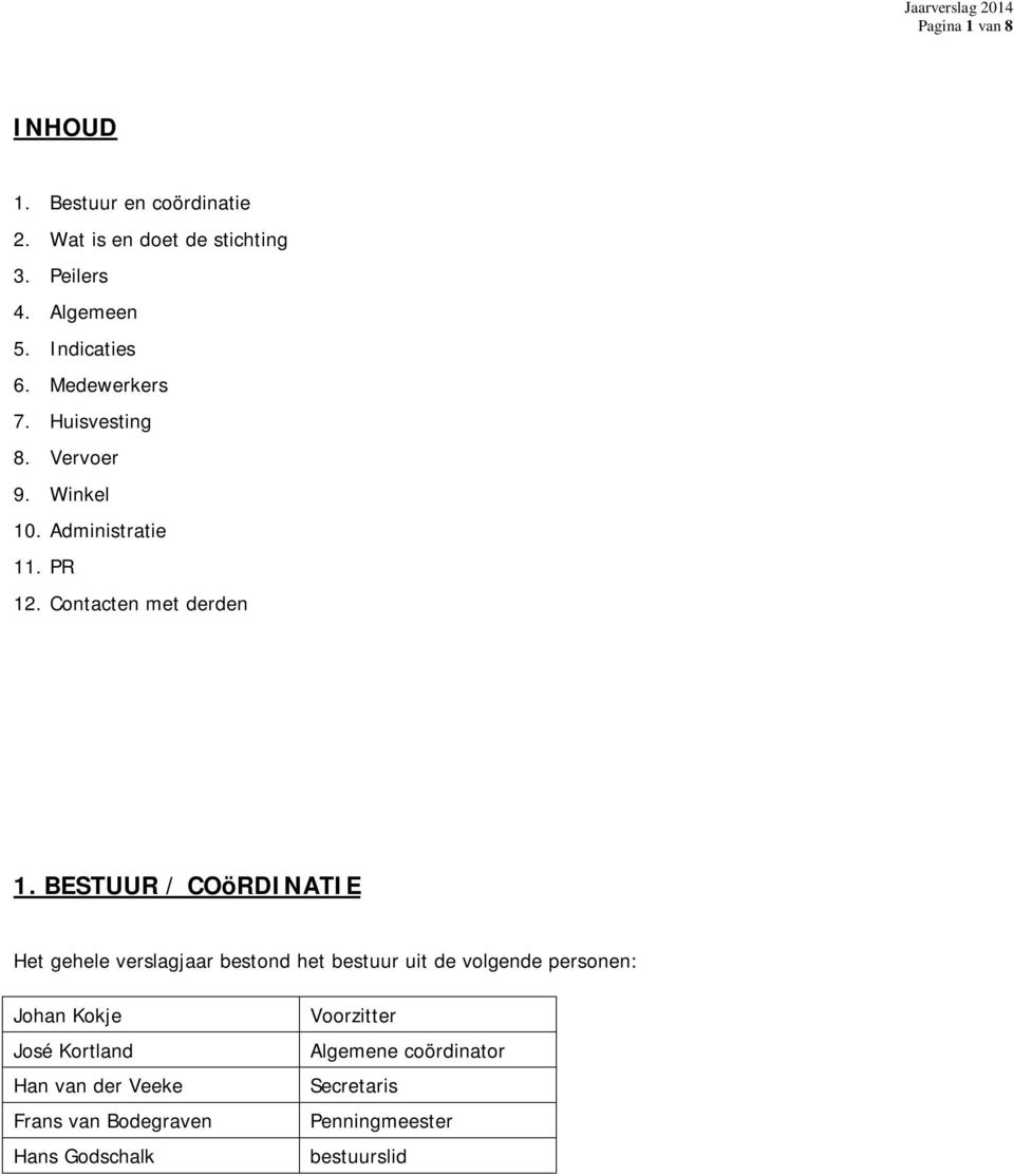 BESTUUR / COöRDINATIE Het gehele verslagjaar bestond het bestuur uit de volgende personen: Johan Kokje José