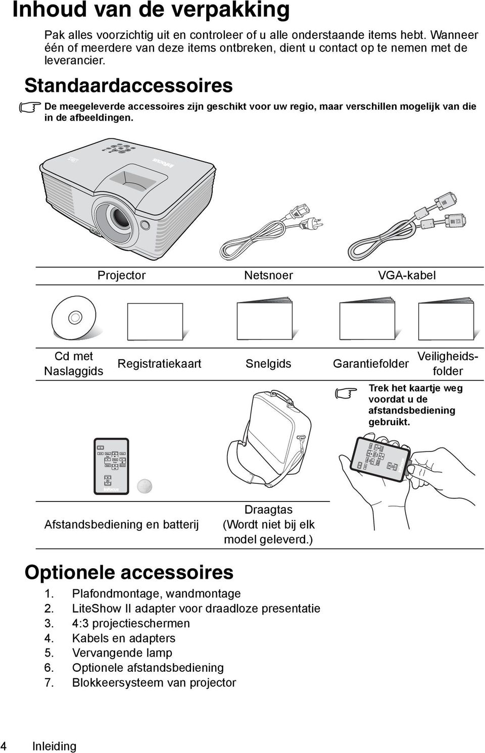 Projector Netsnoer VGA-kabel Cd met Naslaggids Veiligheidsfolder Registratiekaart Snelgids Garantiefolder Trek het kaartje weg voordat u de afstandsbediening gebruikt.