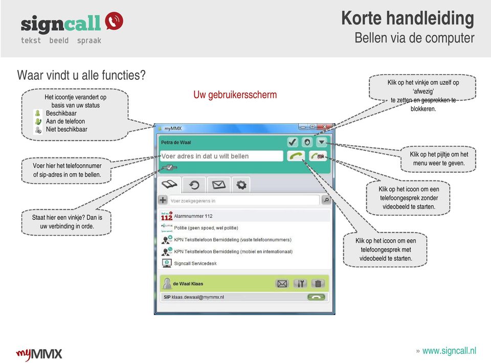 vinkje om uzelf op afwezig te zetten en gesprekken te blokkeren. Voer hier het telefoonnumer of sip-adres in om te bellen.