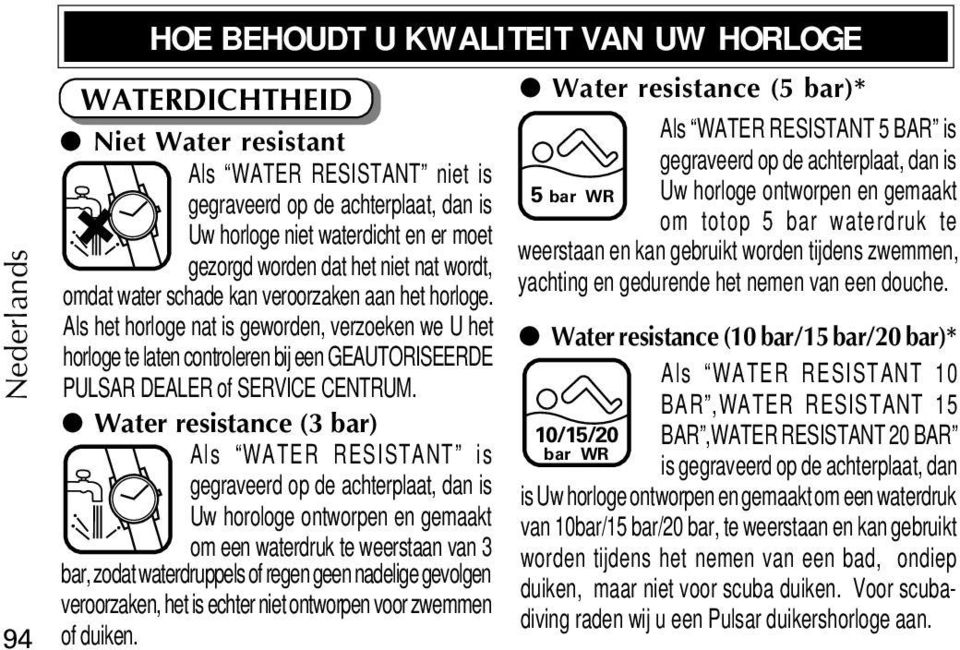 Als het horloge nat is geworden, verzoeken we U het horloge te laten controleren bij een GEAUTORISEERDE PULSAR DEALER of SERVICE CENTRUM.