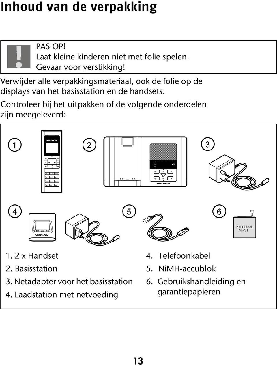 Controleer bij het uitpakken of de volgende onderdelen zijn meegeleverd: 1. 2 x Handset 2. Basisstation 3.