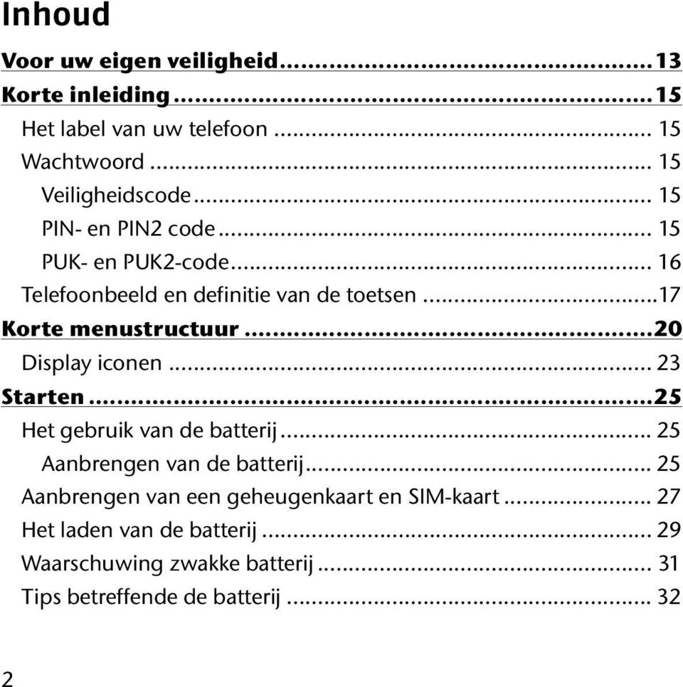 ..20 Display iconen... 23 Starten...25 Het gebruik van de batterij... 25 Aanbrengen van de batterij.