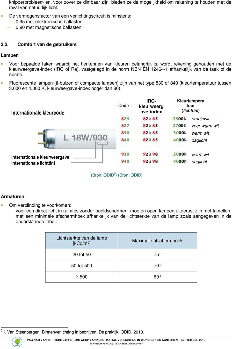 2. Comfort van de gebruikers Lampen Voor bepaalde taken waarbij het herkennen van kleuren belangrijk is, wordt rekening gehouden met de kleurweergave-index (IRC of Ra), vastgelegd in de norm NBN EN