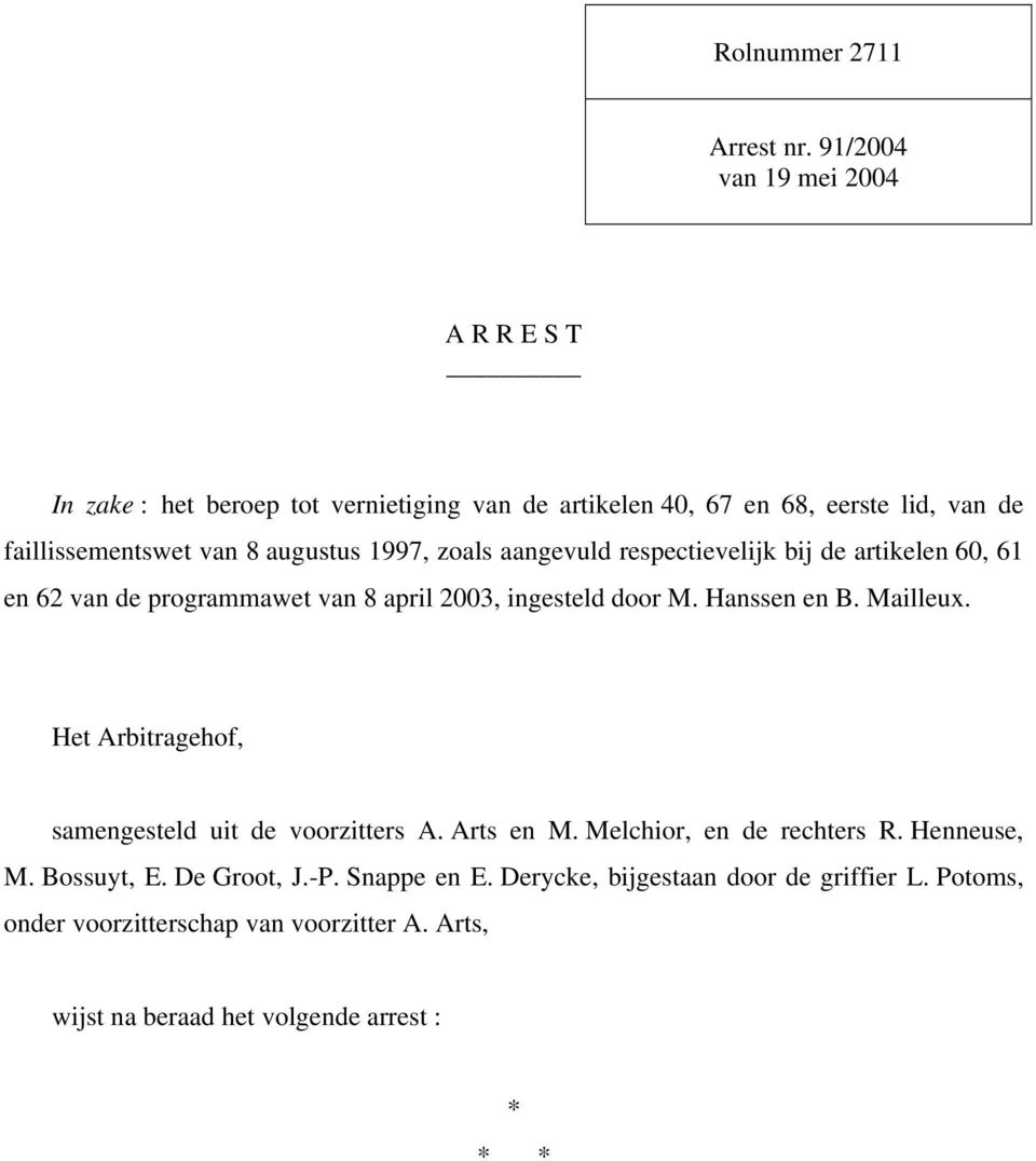augustus 1997, zoals aangevuld respectievelijk bij de artikelen 60, 61 en 62 van de programmawet van 8 april 2003, ingesteld door M. Hanssen en B.