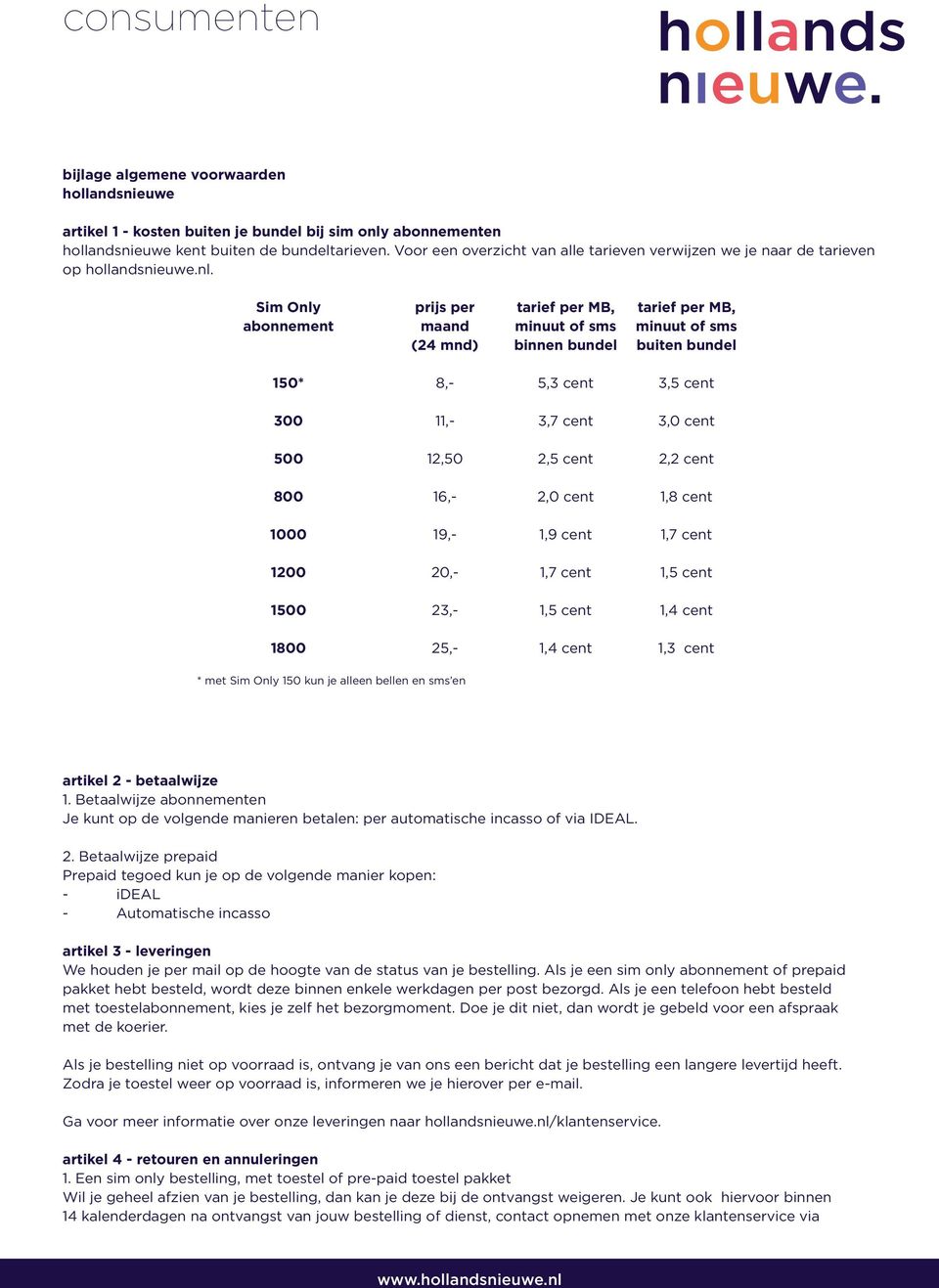 Sim Only abonnement prijs per maand (24 mnd) tarief per MB, minuut of sms binnen bundel tarief per MB, minuut of sms buiten bundel 150* 8,- 5,3 cent 3,5 cent 300 11,- 3,7 cent 3,0 cent 500 12,50 2,5