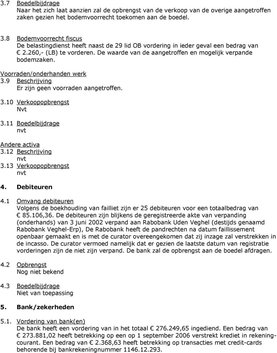 Voorraden/onderhanden werk 3.9 Beschrijving Er zijn geen voorraden aangetroffen. 3.10 Verkoopopbrengst Nvt 3.11 Boedelbijdrage Andere activa 3.12 Beschrijving 3.13 Verkoopopbrengst 4. Debiteuren 4.