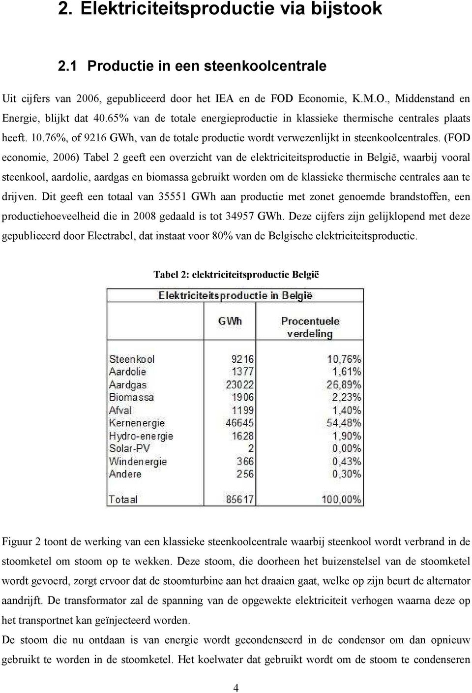 (FOD economie, 2006) Tabel 2 geeft een overzicht van de elektriciteitsproductie in België, waarbij vooral steenkool, aardolie, aardgas en biomassa gebruikt worden om de klassieke thermische centrales