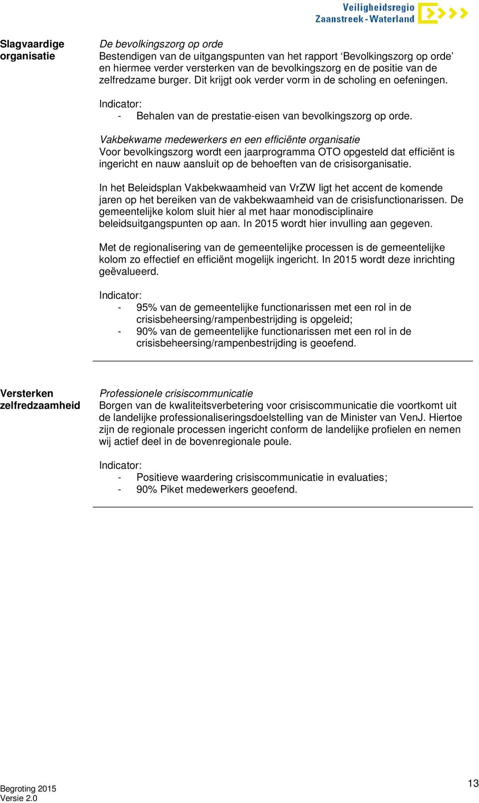 Vakbekwame medewerkers en een efficiënte organisatie Voor bevolkingszorg wordt een jaarprogramma OTO opgesteld dat efficiënt is ingericht en nauw aansluit op de behoeften van de crisisorganisatie.