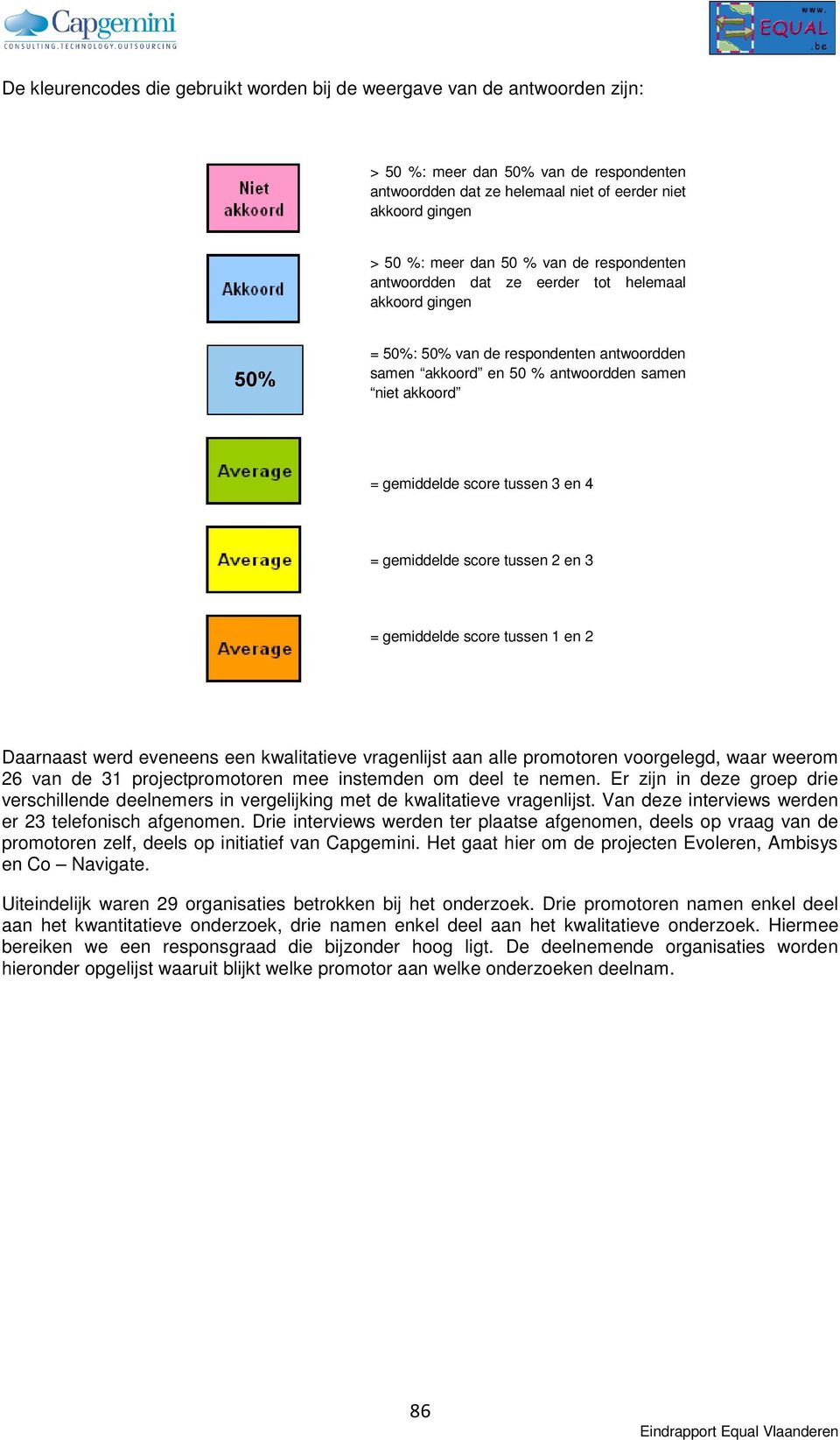 tussen 2 en 3 = gemiddelde score tussen 1 en 2 Daarnaast werd eveneens een kwalitatieve vragenlijst aan alle promotoren voorgelegd, waar weerom 26 van de 31 projectpromotoren mee instemden om deel te