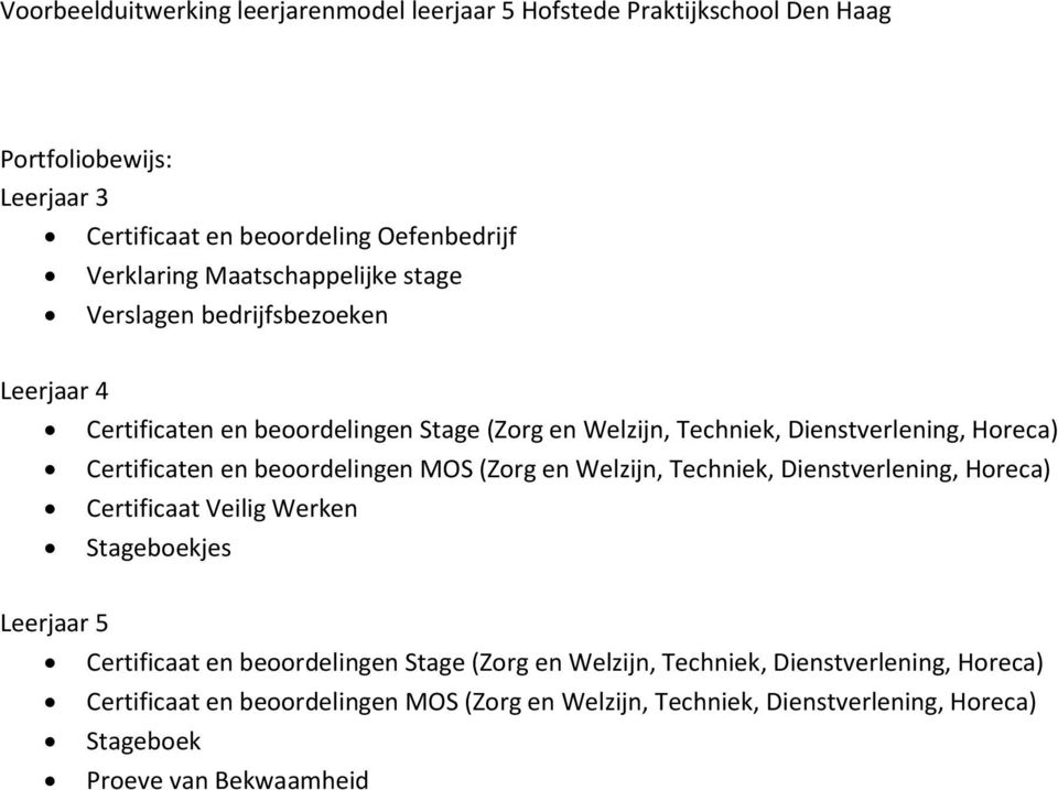 en Welzijn, Techniek, Dienstverlening, Horeca) Certificaat Veilig Werken jes Leerjaar 5 en Stage (Zorg en