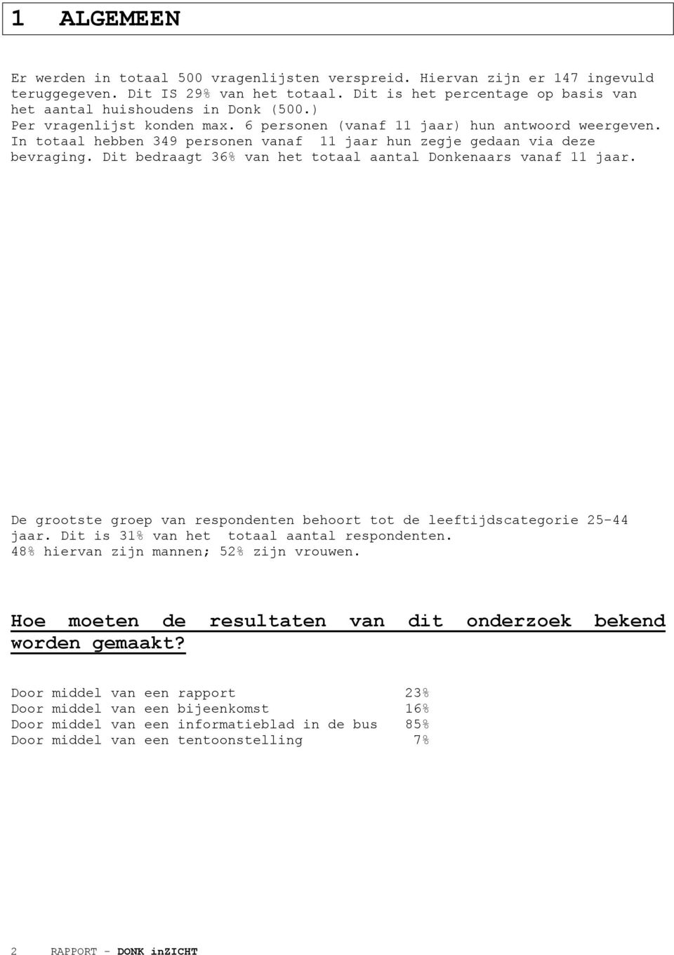 In totaal hebben 349 personen vanaf 11 jaar hun zegje gedaan via deze bevraging. Dit bedraagt 36% van het totaal aantal Donkenaars vanaf 11 jaar.