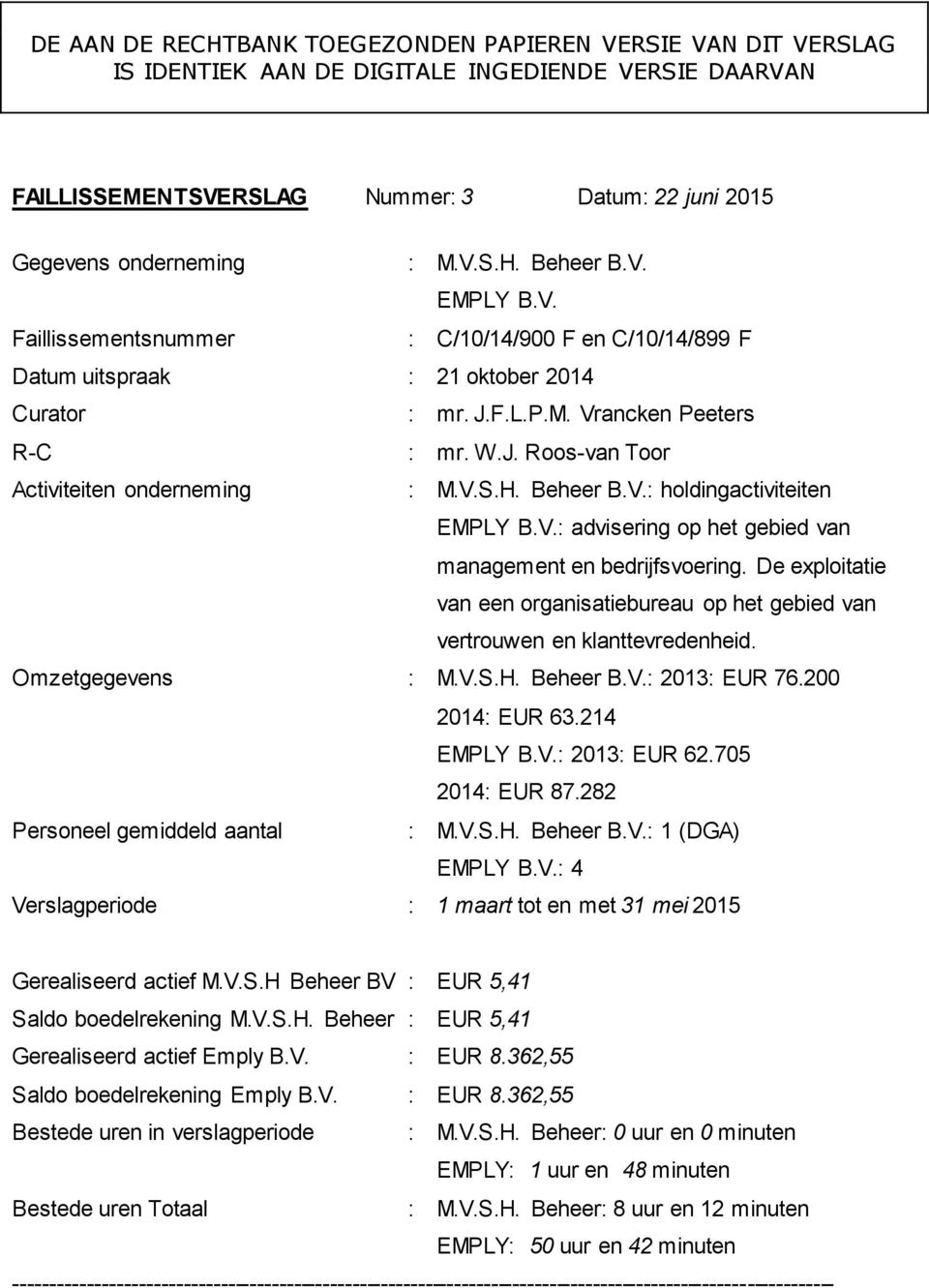 V.S.H. Beheer B.V.: holdingactiviteiten EMPLY B.V.: advisering op het gebied van management en bedrijfsvoering.