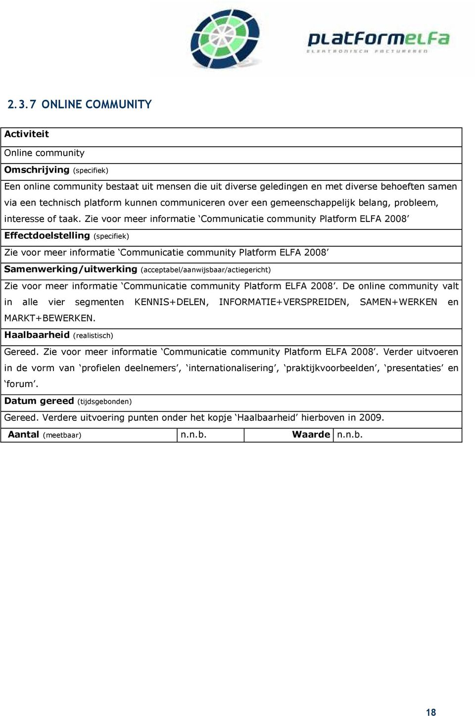 Zie voor meer informatie Communicatie community Platform ELFA 2008 Effectdoelstelling (specifiek) Zie voor meer informatie Communicatie community Platform ELFA 2008 Samenwerking/uitwerking