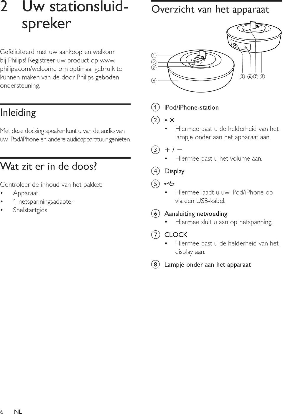 a b c d e fgh Inleiding Met deze docking speaker kunt u van de audio van uw ipod/iphone en andere audioapparatuur genieten. Wat zit er in de doos?