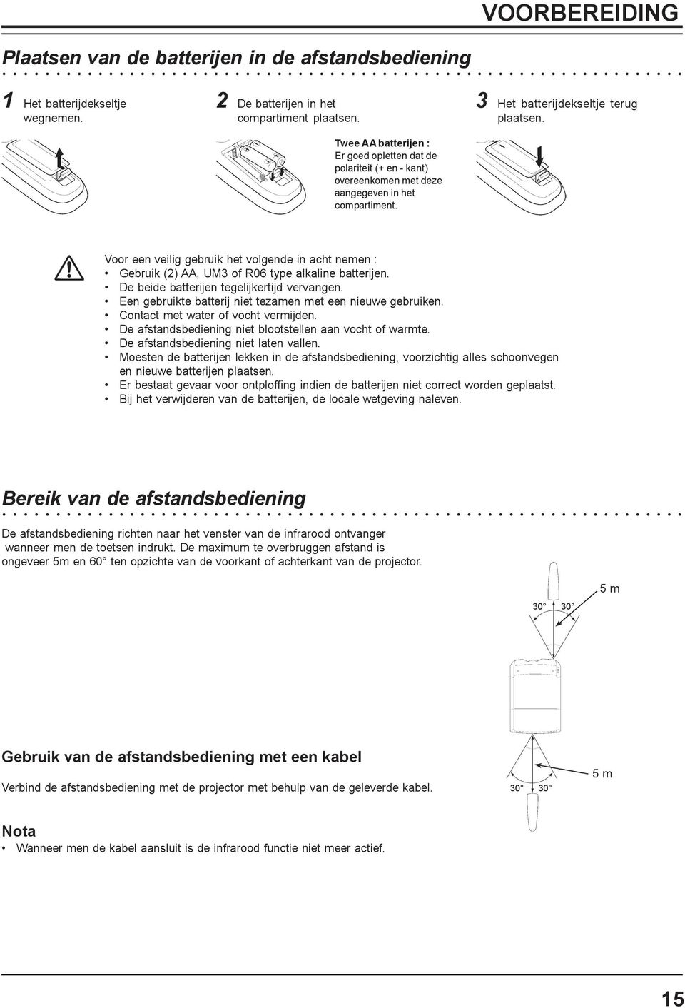 Voor een veilig gebruik het volgende in acht nemen : Gebruik (2) AA, UM3 of R06 type alkaline batterijen. De beide batterijen tegelijkertijd vervangen.