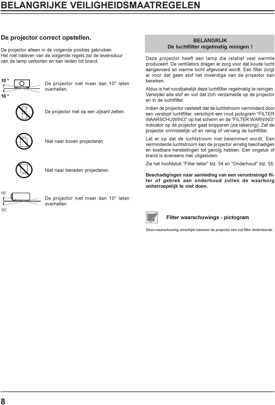 Niet naar boven projecteren. Niet naar beneden projecteren. BELANGRIJK De luchtfilter regelmatig reinigen! Deze projector heeft een lamp die relatief veel warmte produceert.