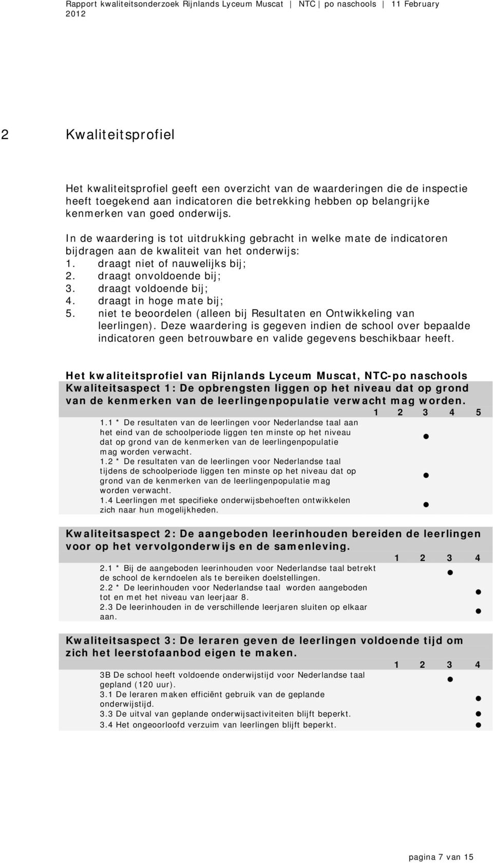 draagt voldoende bij; 4. draagt in hoge mate bij; 5. niet te beoordelen (alleen bij Resultaten en Ontwikkeling van leerlingen).