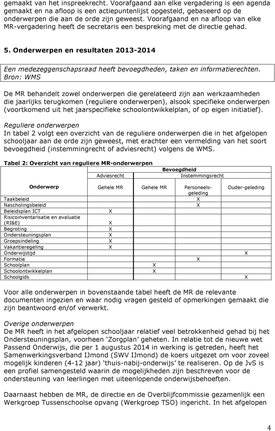 Onderwerpen en resultaten 2013-2014 Een medezeggenschapsraad heeft bevoegdheden, taken en informatierechten.