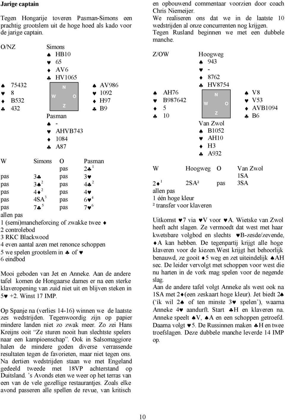 allen pas 1 (semi)mancheforcing of zwakke twee 2 controlebod 3 RKC Blackwood 4 even aantal azen met renonce schoppen 5 we spelen grootslem in of 6 eindbod Mooi geboden van Jet en Anneke.