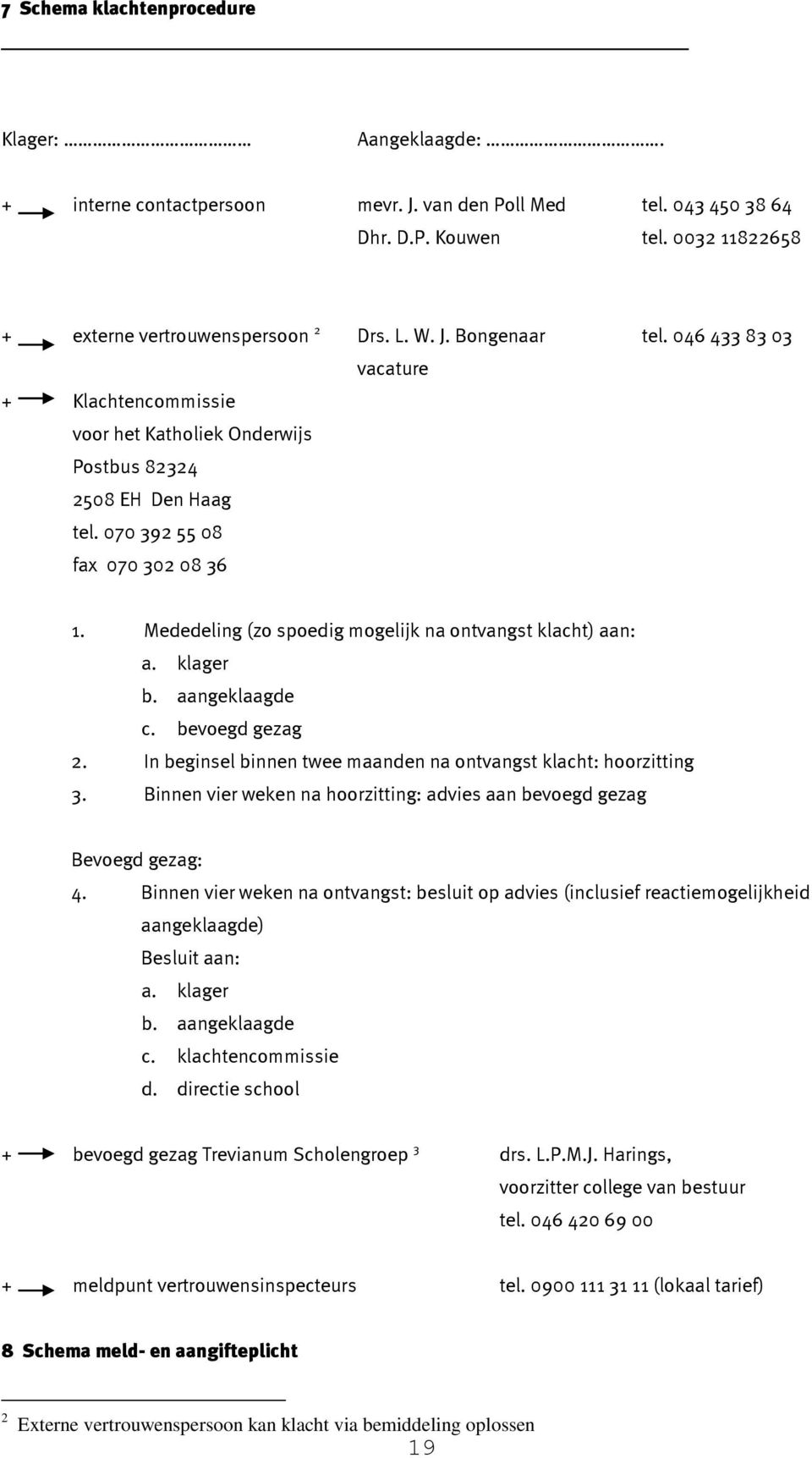 Mededeling (zo spoedig mogelijk na ontvangst klacht) aan: a. klager b. aangeklaagde c. bevoegd gezag 2. In beginsel binnen twee maanden na ontvangst klacht: hoorzitting 3.