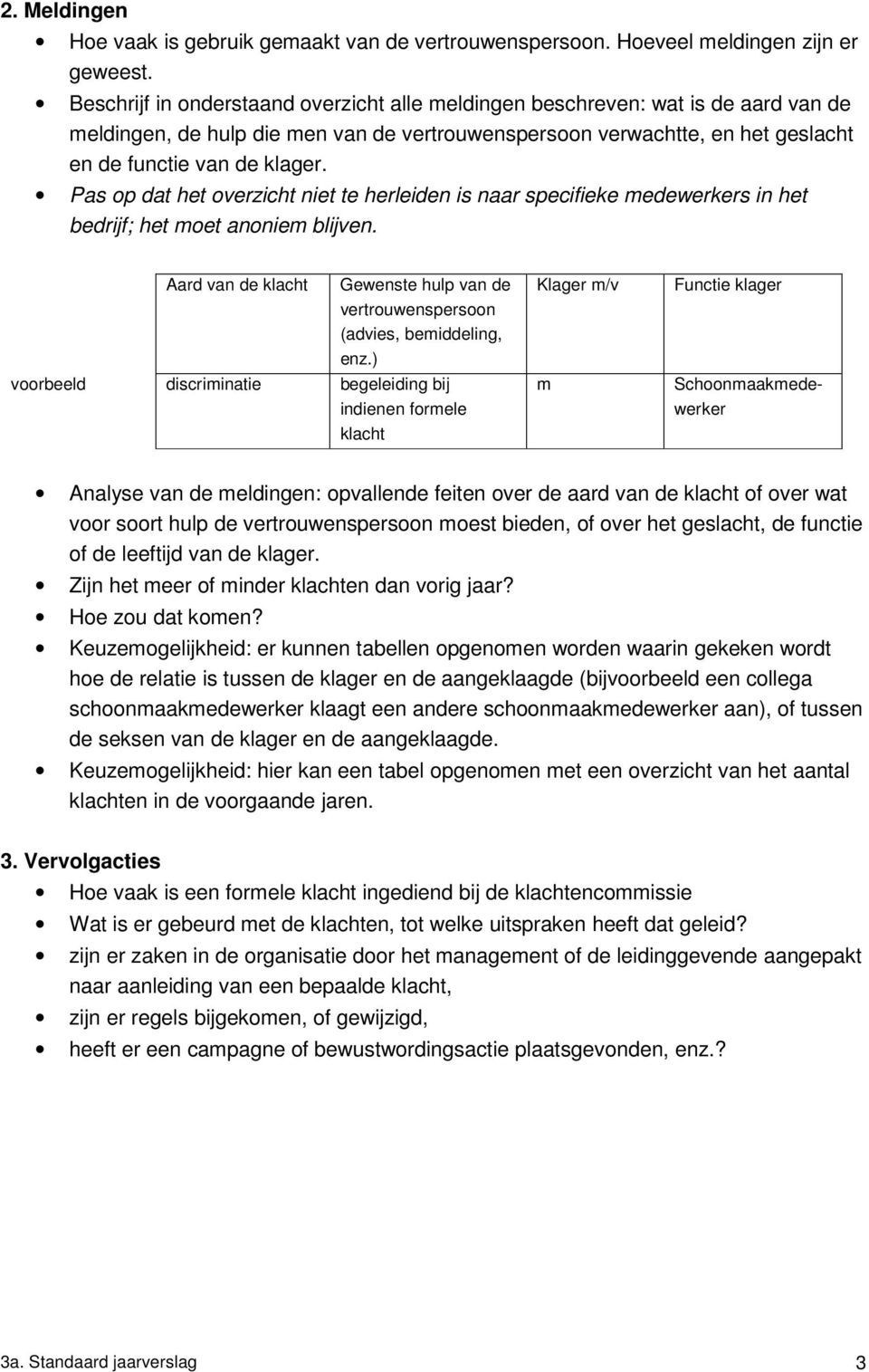 Pas op dat het overzicht niet te herleiden is naar specifieke medewerkers in het bedrijf; het moet anoniem blijven.