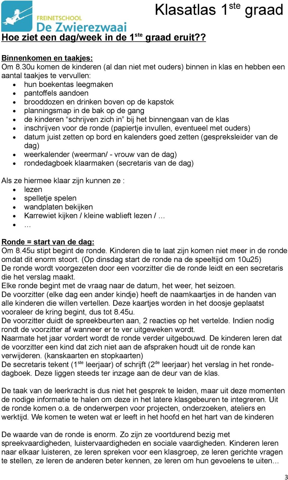 planningsmap in de bak op de gang de kinderen schrijven zich in bij het binnengaan van de klas inschrijven voor de ronde (papiertje invullen, eventueel met ouders) datum juist zetten op bord en