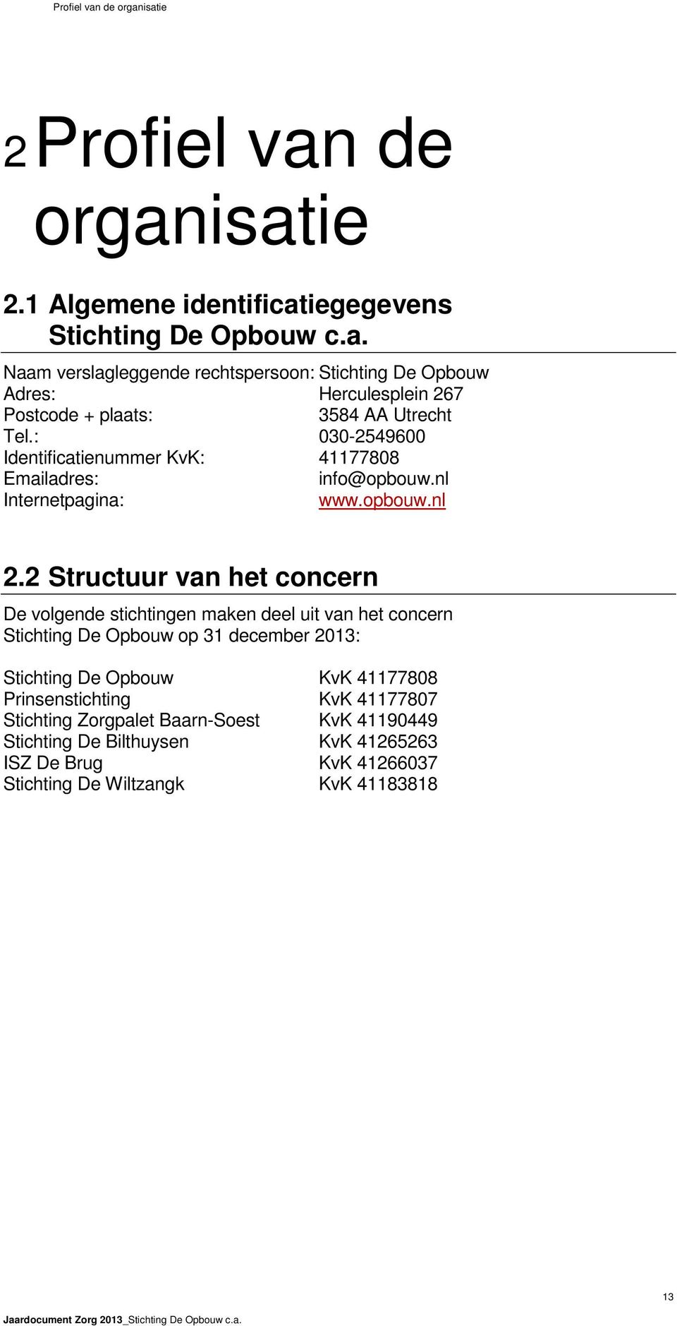 2 Structuur van het concern De volgende stichtingen maken deel uit van het concern Stichting De Opbouw op 31 december 2013: Stichting De Opbouw KvK 41177808