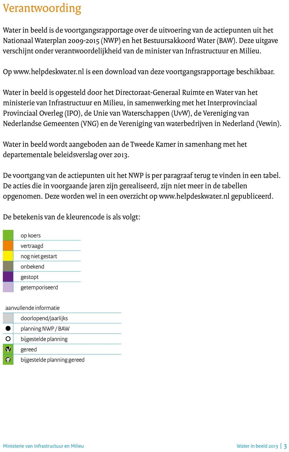 Water in beeld is opgesteld door het Directoraat-Generaal Ruimte en Water van het ministerie van Infrastructuur en Milieu, in samenwerking met het Interprovinciaal Provinciaal Overleg (IPO), de Unie