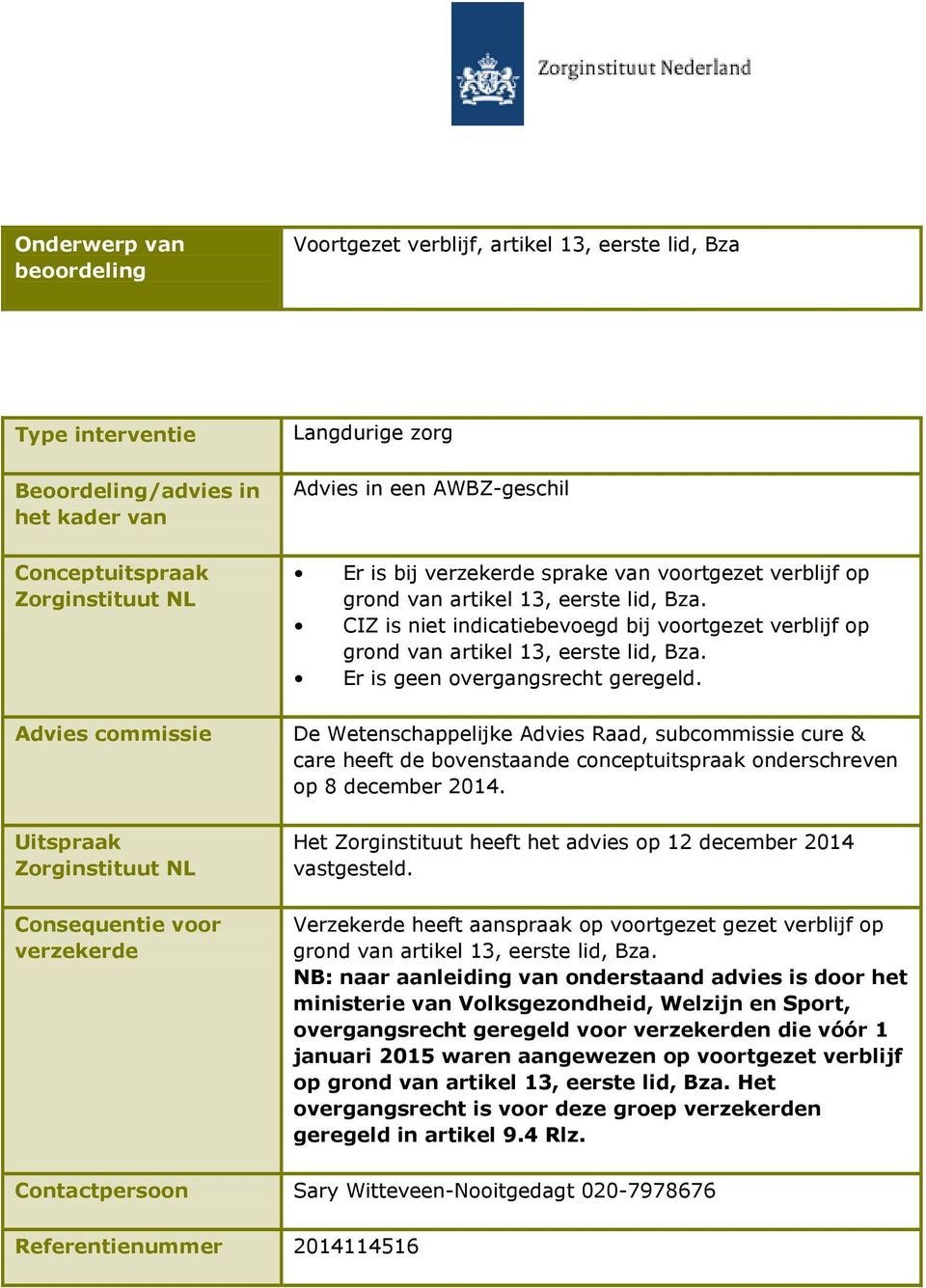 CIZ is niet indicatiebevoegd bij voortgezet verblijf op grond van artikel 13, eerste lid, Bza. Er is geen overgangsrecht geregeld.