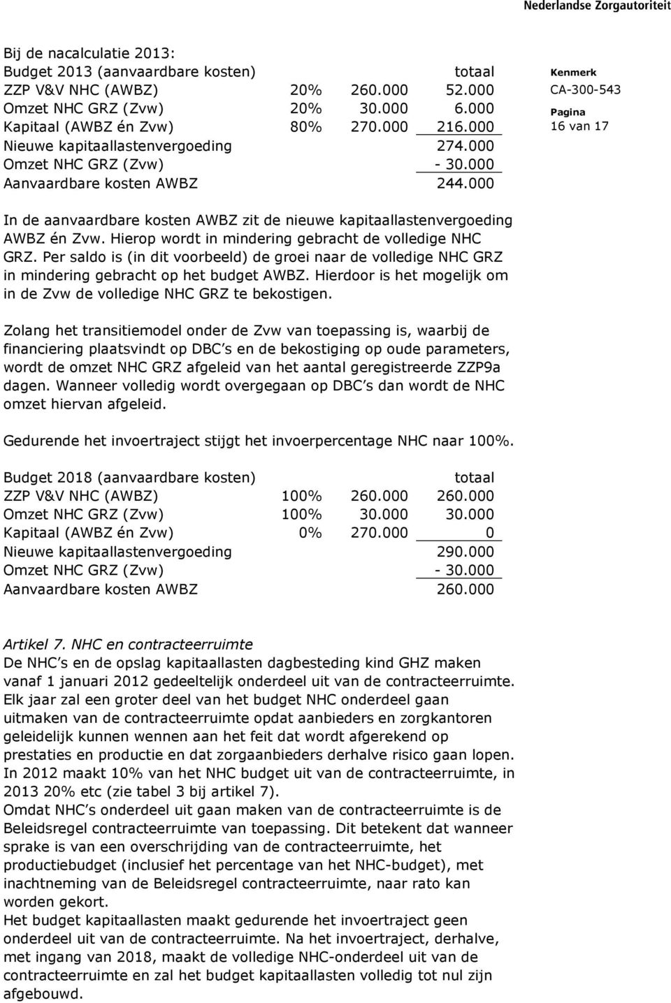 Hierop wordt in mindering gebracht de volledige NHC GRZ. Per saldo is (in dit voorbeeld) de groei naar de volledige NHC GRZ in mindering gebracht op het budget AWBZ.