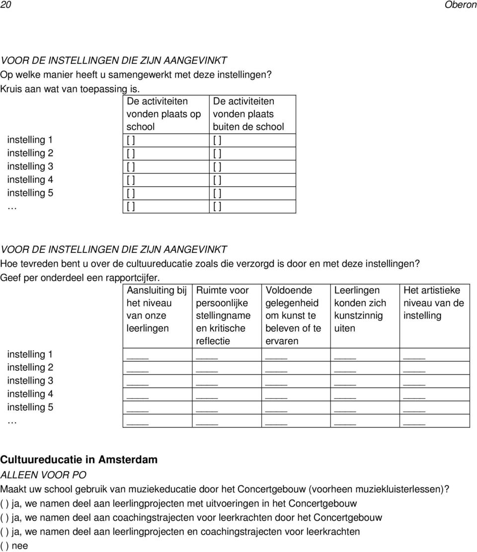 VOOR DE INSTELLINGEN DIE ZIJN AANGEVINKT Hoe tevreden bent u over de cultuureducatie zoals die verzorgd is door en met deze instellingen? Geef per onderdeel een rapportcijfer.