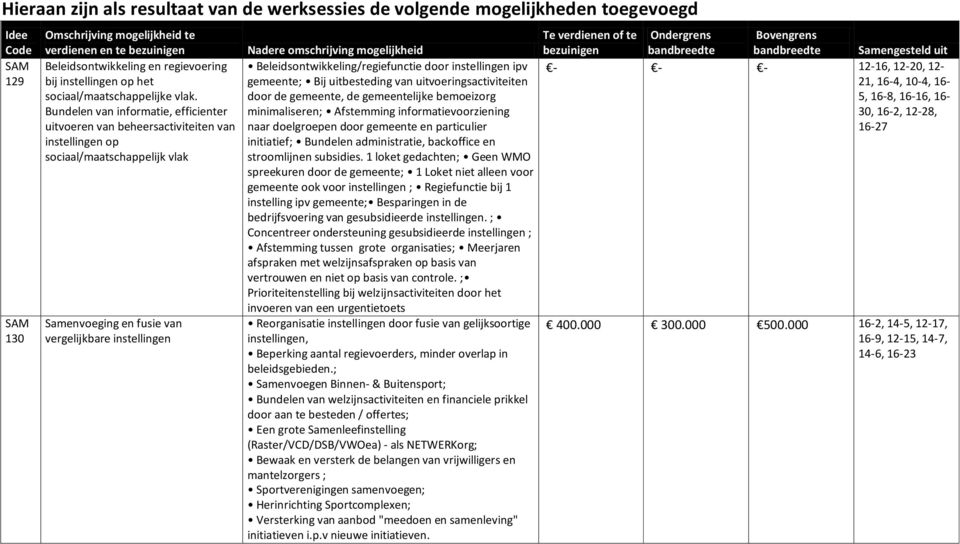 Beleidsontwikkeling/regiefunctie door instellingen ipv gemeente; Bij uitbesteding van uitvoeringsactiviteiten door de gemeente, de gemeentelijke bemoeizorg minimaliseren; Afstemming