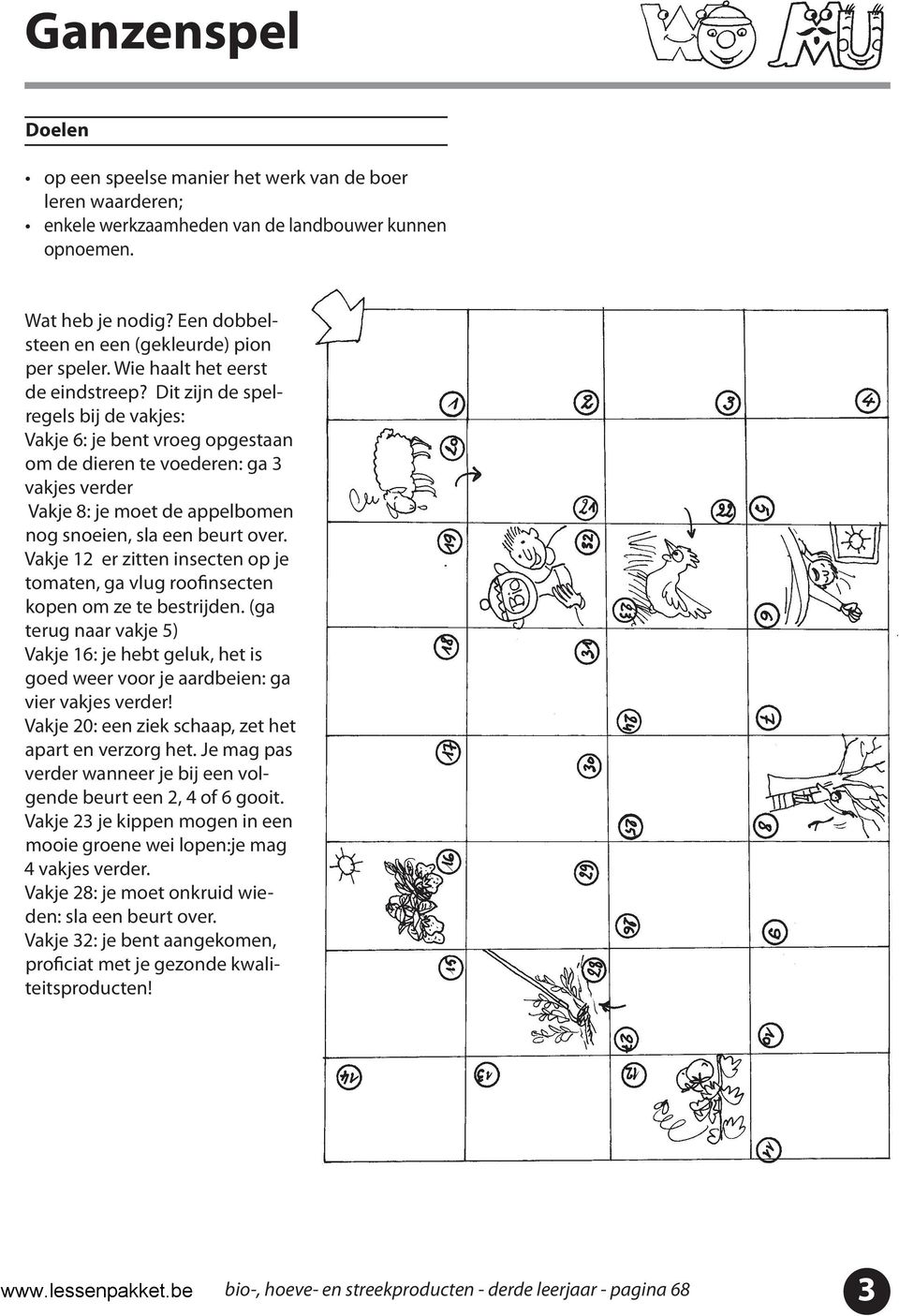 Dit zijn de spelregels bij de vakjes: Vakje 6: je bent vroeg opgestaan om de dieren te voederen: ga vakjes verder Vakje 8: je moet de appelbomen nog snoeien, sla een beurt over.