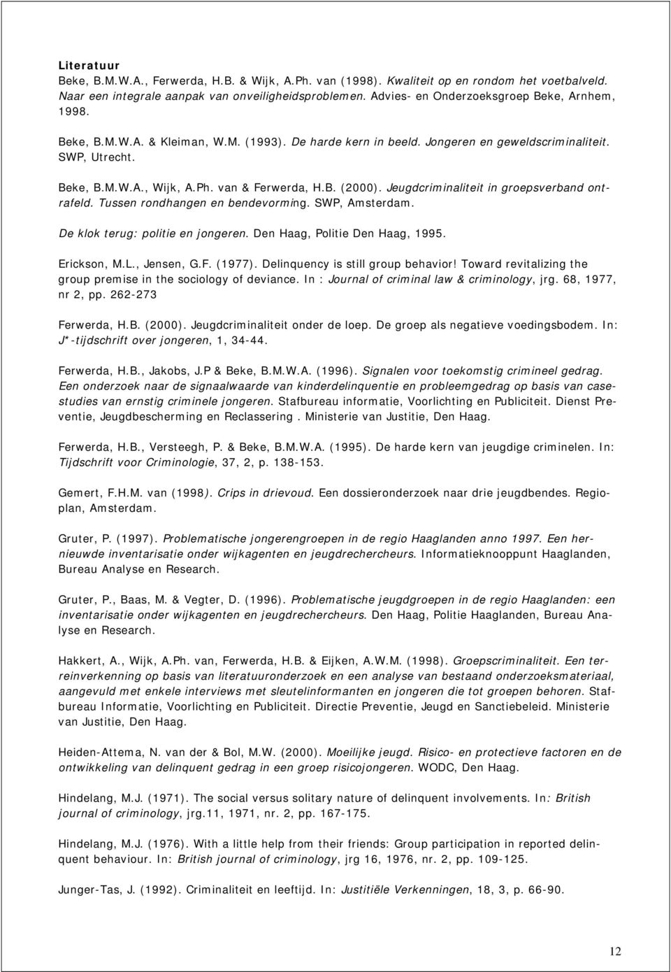 van & Ferwerda, H.B. (2000). Jeugdcriminaliteit in groepsverband ontrafeld. Tussen rondhangen en bendevorming. SWP, Amsterdam. De klok terug: politie en jongeren. Den Haag, Politie Den Haag, 1995.