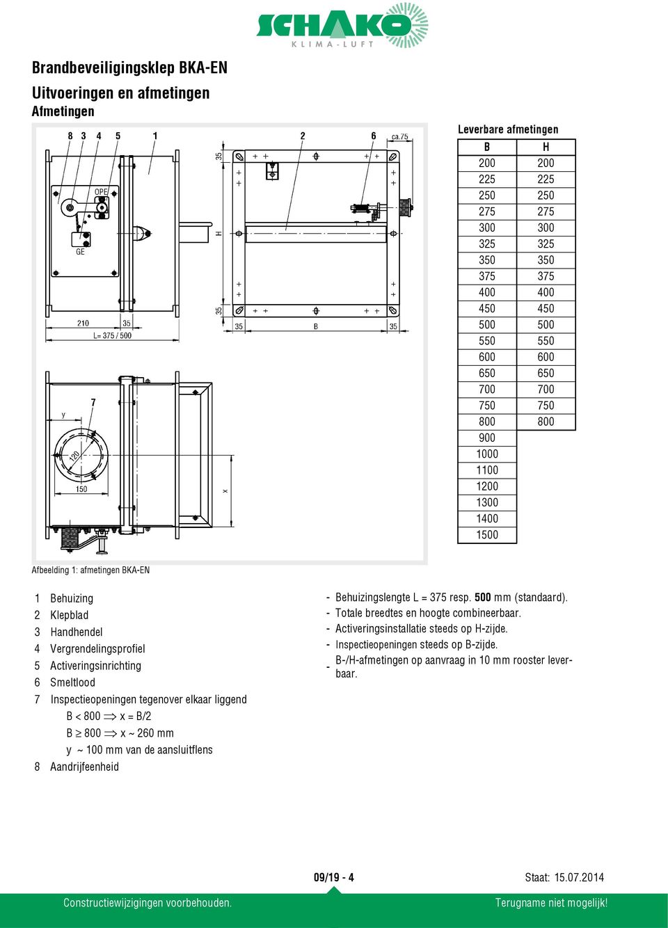 Inspectieopeningen tegenover elkaar liggend B < 800 x = B/2 B 800 x ~ 260 mm y ~ 100 mm van de aansluitflens 8 Aandrijfeenheid - Behuizingslengte L = 37 resp. 00 mm (standaard).