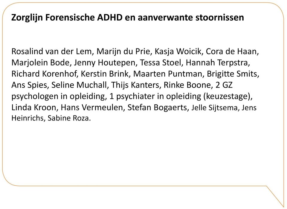 Puntman, Brigitte Smits, Ans Spies, Seline Muchall, Thijs Kanters, Rinke Boone, 2 GZ psychologen in opleiding, 1