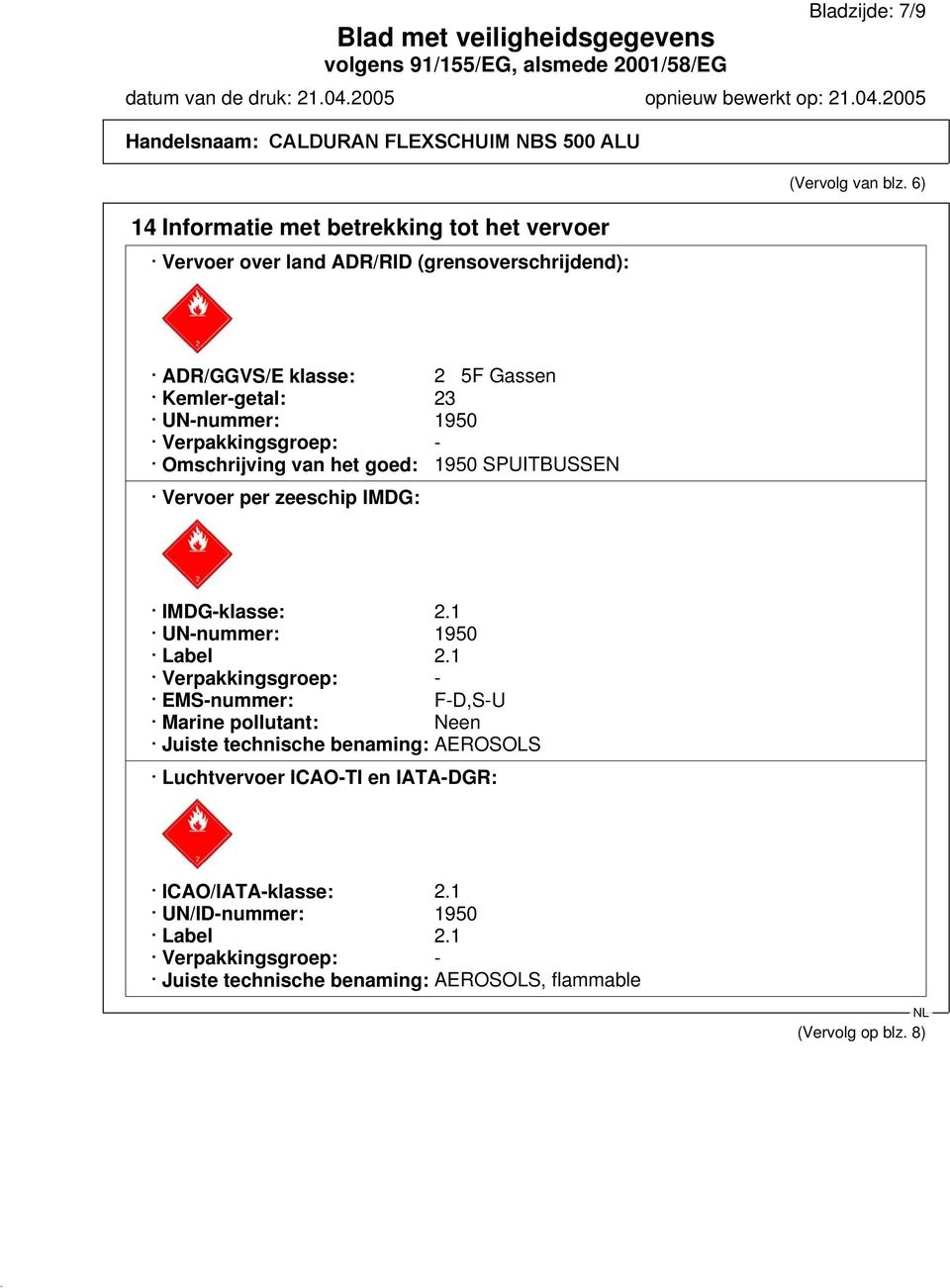 zeeschip IMDG: IMDG-klasse: 2.1 UN-nummer: 1950 Label 2.