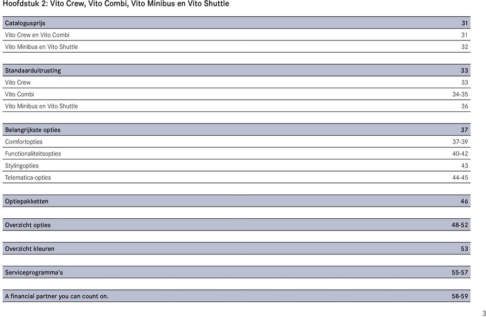 Belangrijkste opties 37 Comfortopties 37-39 Functionaliteitsopties 40-42 Stylingopties 43 Telematica-opties 44-45