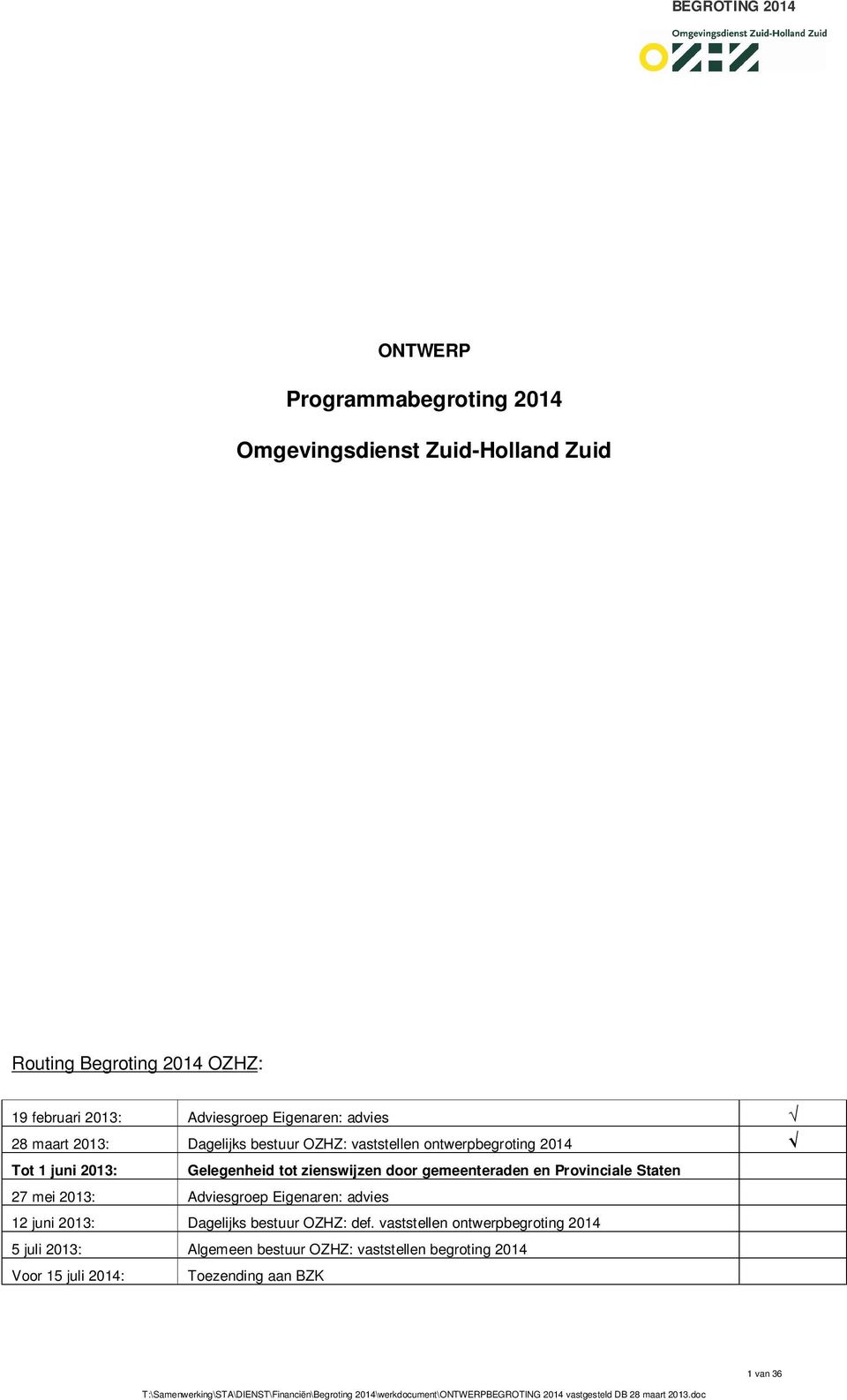 zienswijzen door gemeenteraden en Provinciale Staten 27 mei 2013: Adviesgroep Eigenaren: advies 12 juni 2013: Dagelijks bestuur