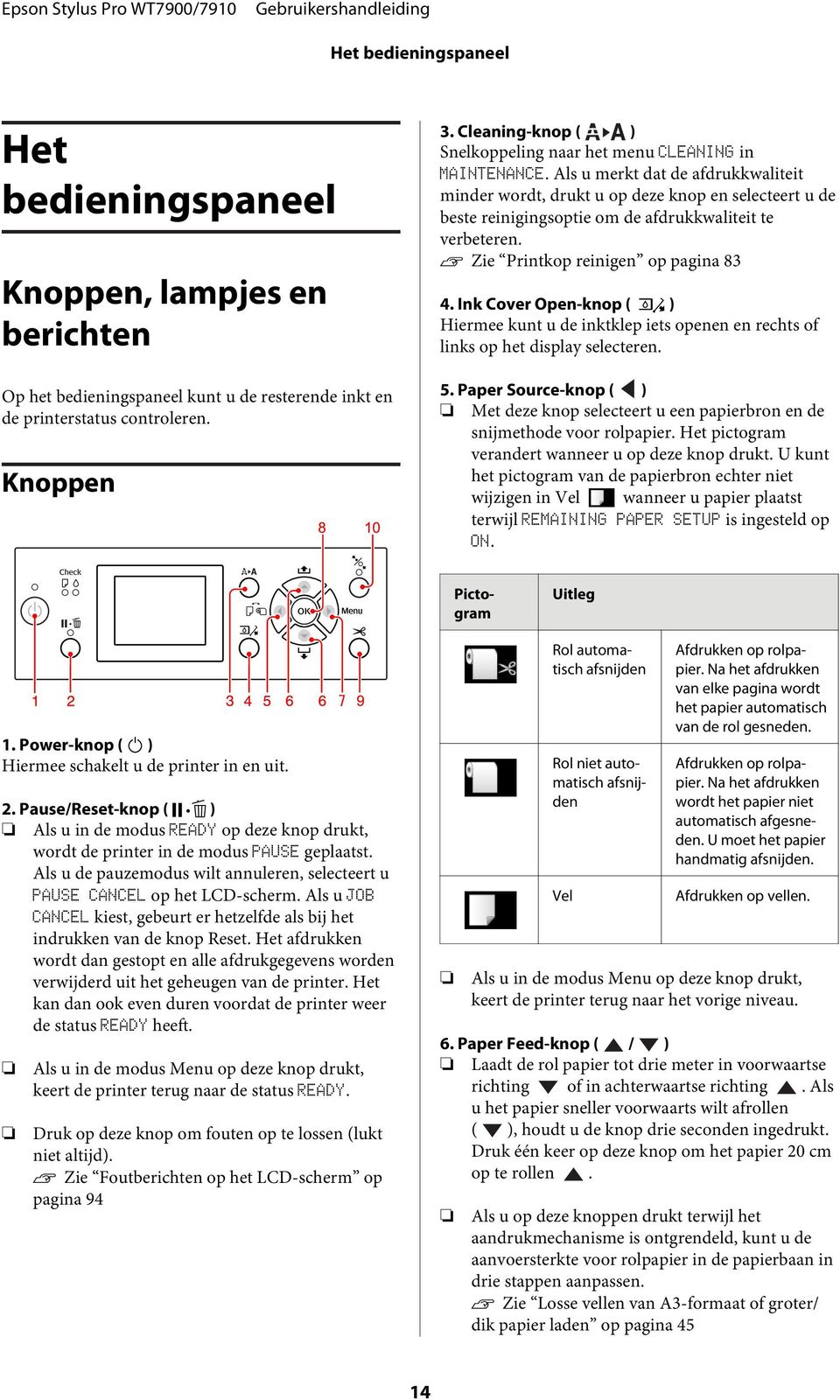 Als u merkt dat de afdrukkwaliteit minder wordt, drukt u op deze knop en selecteert u de beste reinigingsoptie om de afdrukkwaliteit te verbeteren. Zie Printkop reinigen op pagina 83 4.