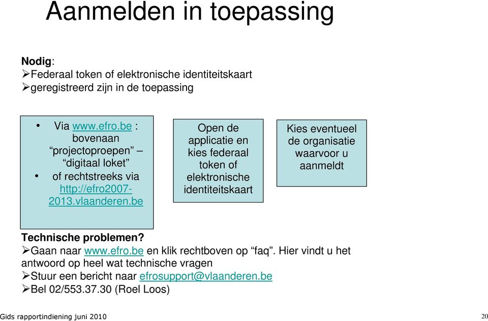 be Open de applicatie en kies federaal token of elektronische identiteitskaart Kies eventueel de organisatie waarvoor u aanmeldt Technische