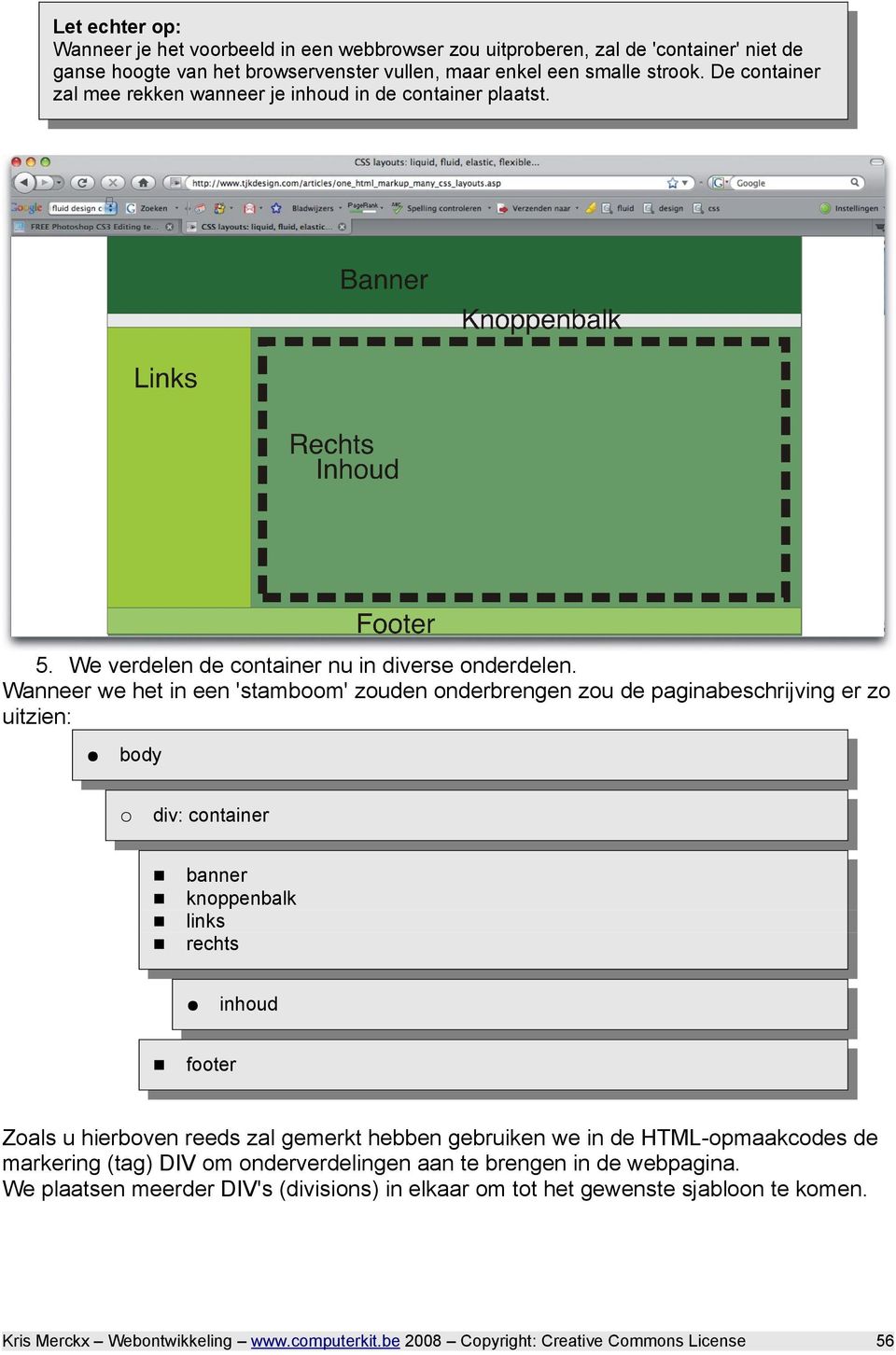 Wanneer we het in een 'stamboom' zouden onderbrengen zou de paginabeschrijving er zo uitzien: body div: container banner knoppenbalk links rechts inhoud footer Zoals u