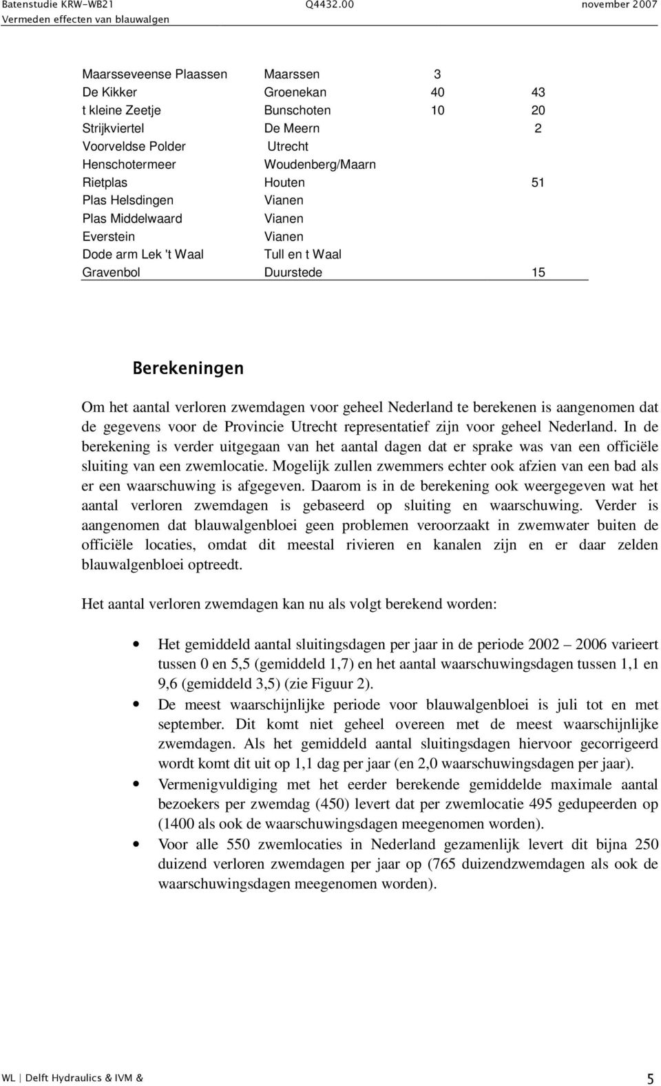 Rietplas Houten 51 Plas Helsdingen Vianen Plas Middelwaard Vianen Everstein Vianen Dode arm Lek 't Waal Tull en t Waal Gravenbol Duurstede 15 Berekeningen Om het aantal verloren zwemdagen voor geheel